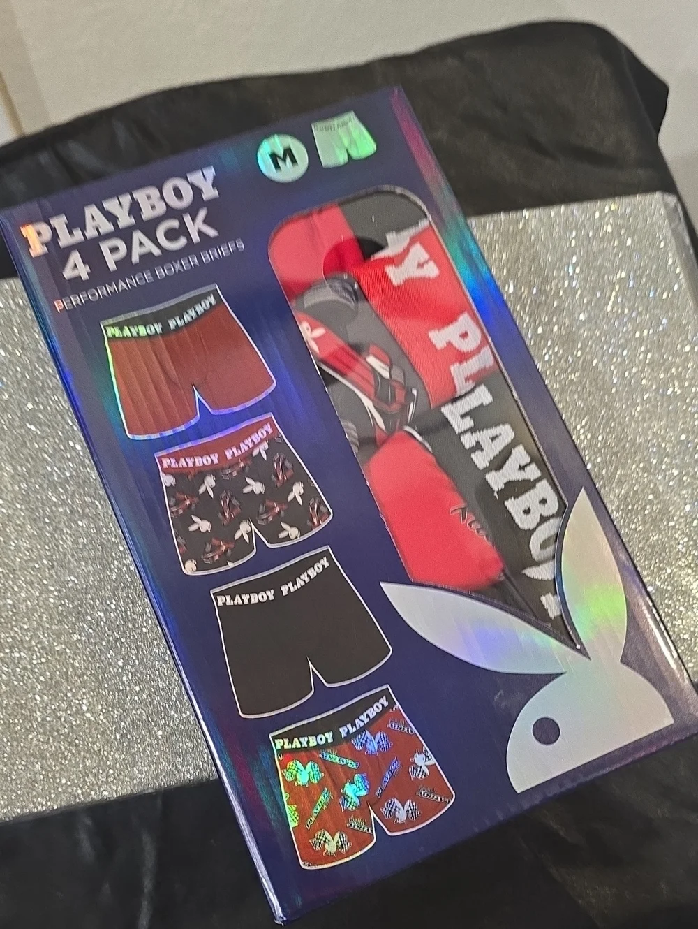 PLAYBOY 4-PK Logo Band Racetrack/Solid Performance Boxer Briefs